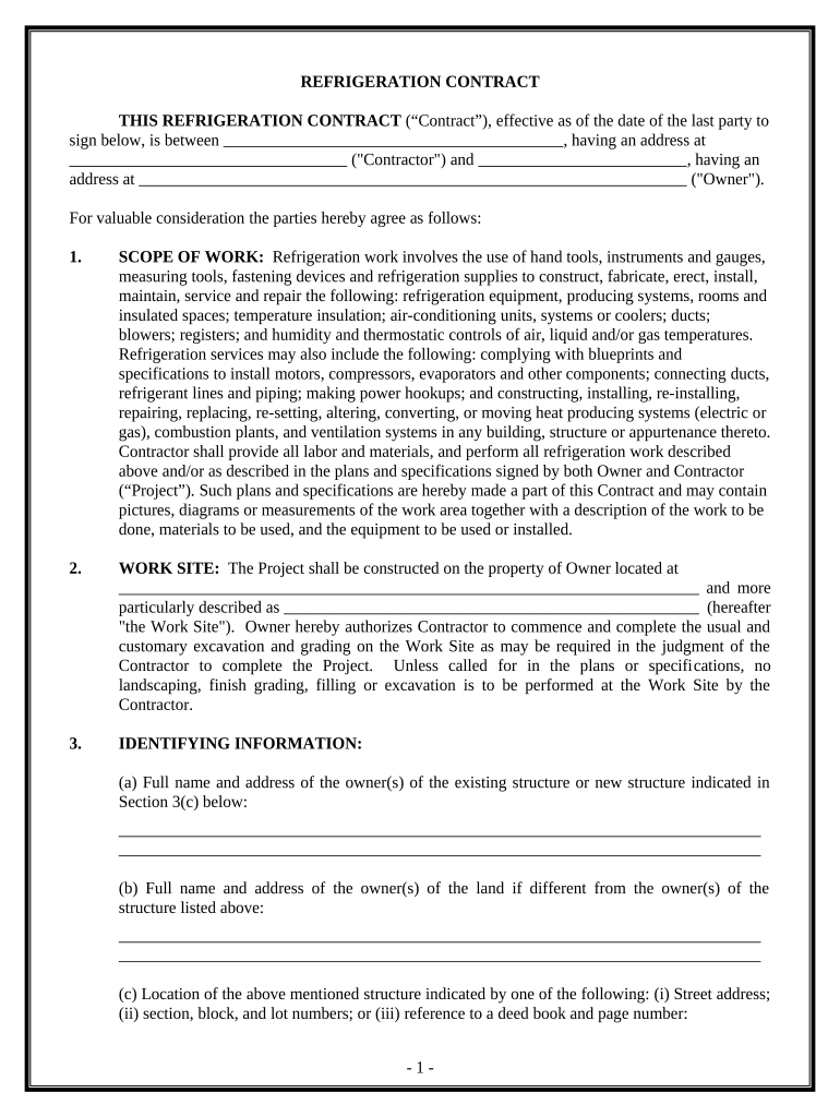 Refrigeration Contract for Contractor New York  Form