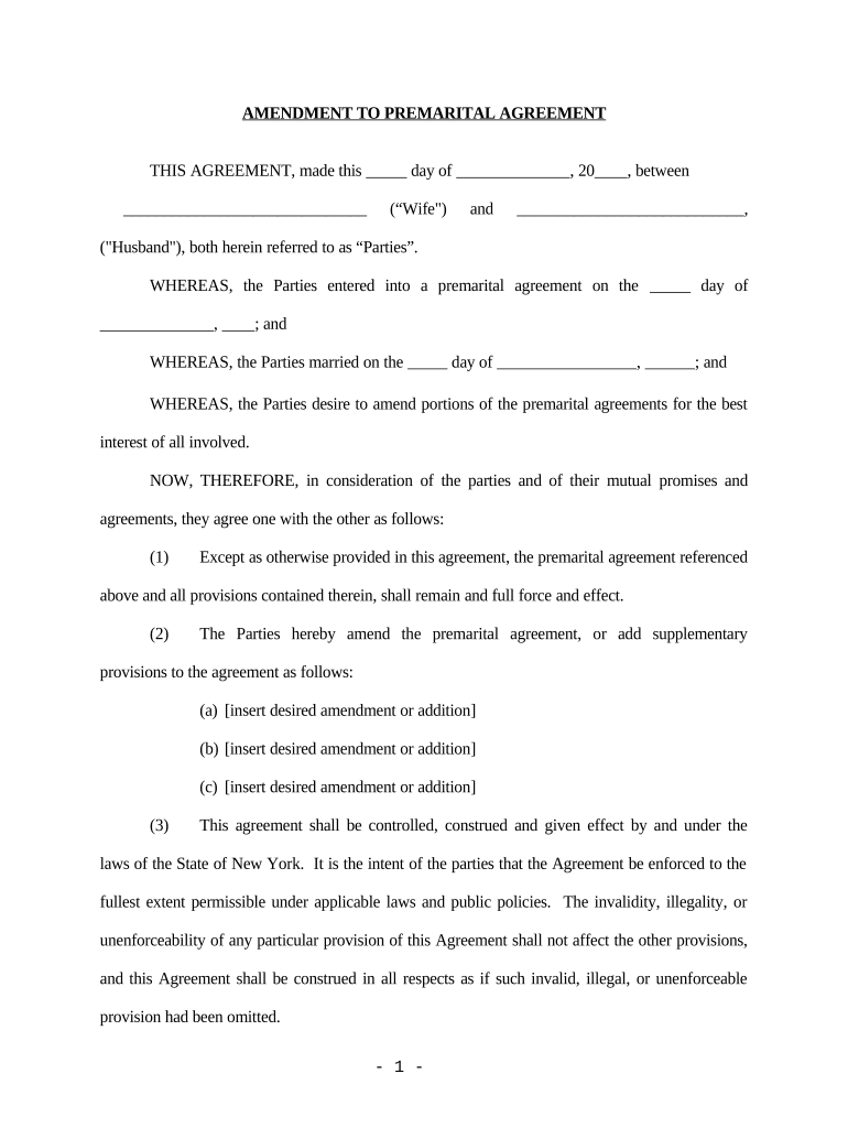 Amendment to Prenuptial or Premarital Agreement New York  Form