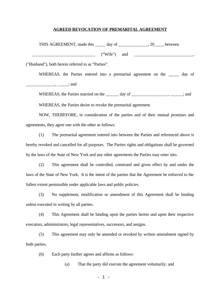 Fill and Sign the Revocation of Premarital or Prenuptial Agreement New York Form