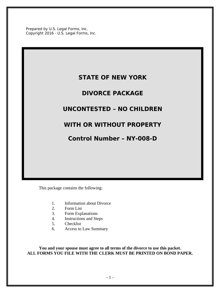 Uncontested Divorce Package for Dissolution of Marriage with No Children with or Without Property and Debts Property and or Debt  Form