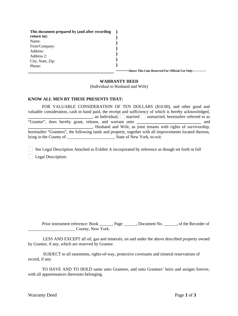Warranty Deed from Individual to Husband and Wife New York  Form