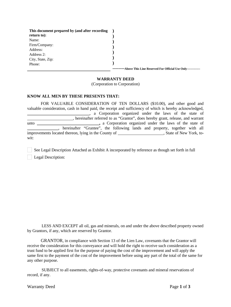 Warranty Deed from Corporation to Corporation New York Form