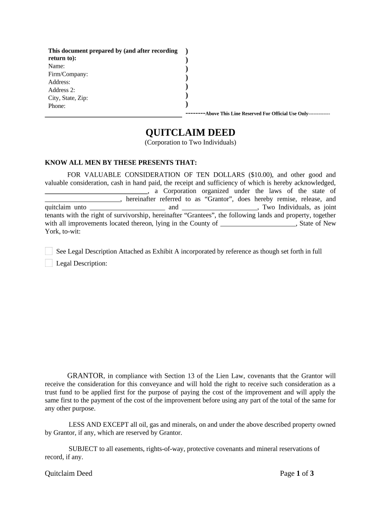 Quitclaim Deed from Corporation to Two Individuals New York  Form