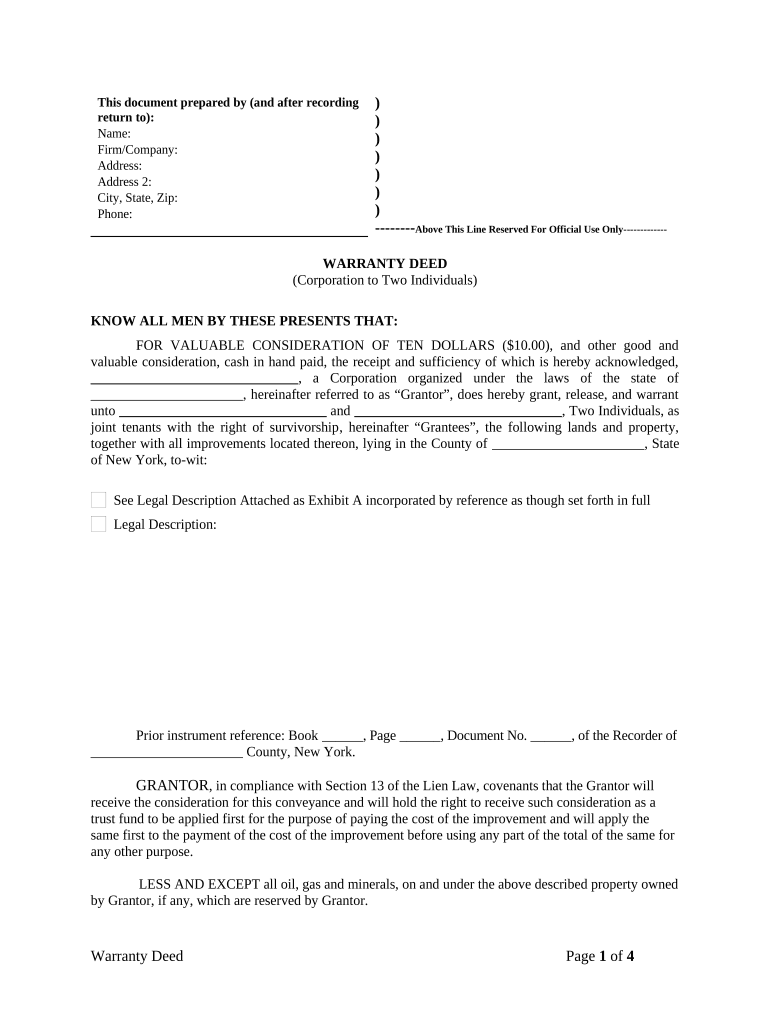 Warranty Deed from Corporation to Two Individuals New York  Form