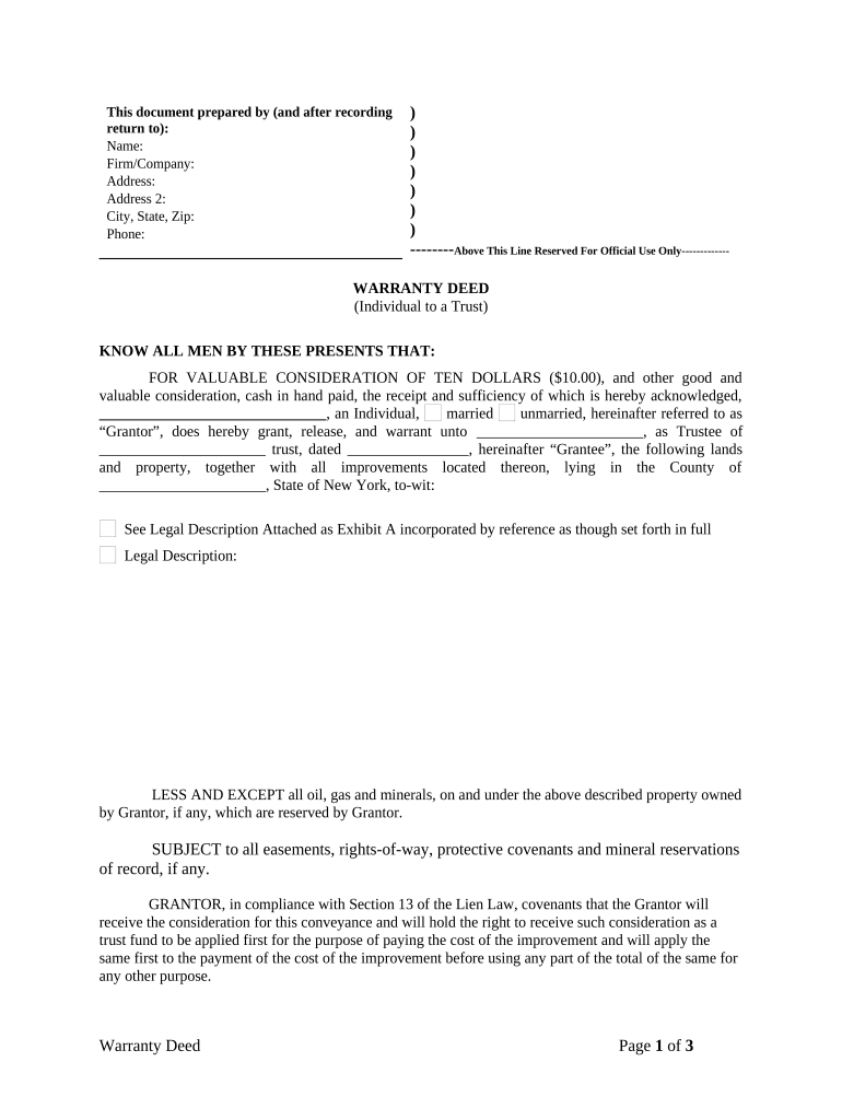Warranty Deed from Individual to a Trust New York  Form