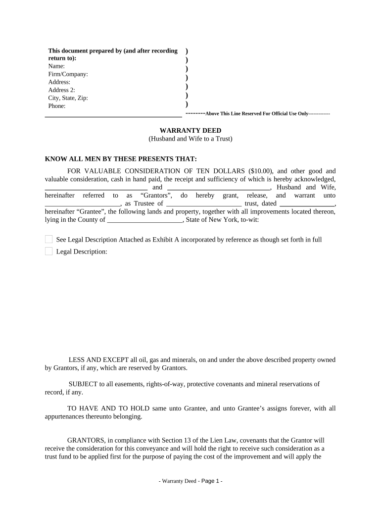 Warranty Deed from Husband and Wife to a Trust New York  Form