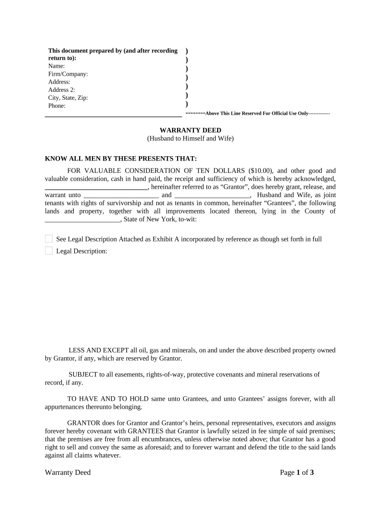 Warranty Deed from Husband to Himself and Wife New York  Form