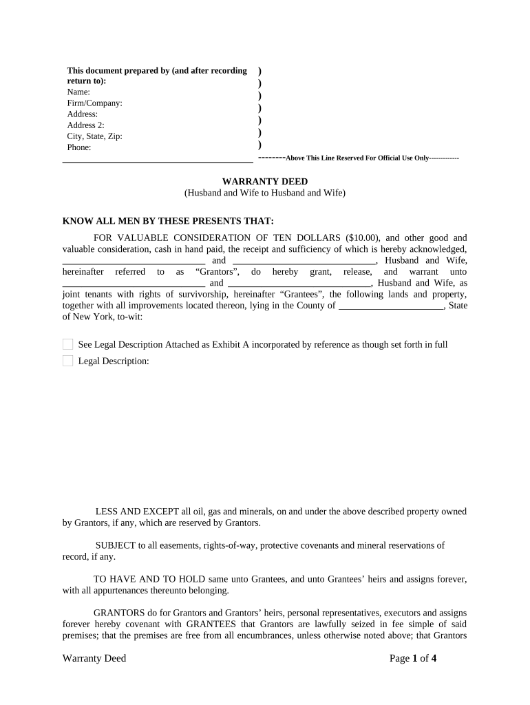 Warranty Deed from Husband and Wife to Husband and Wife New York  Form