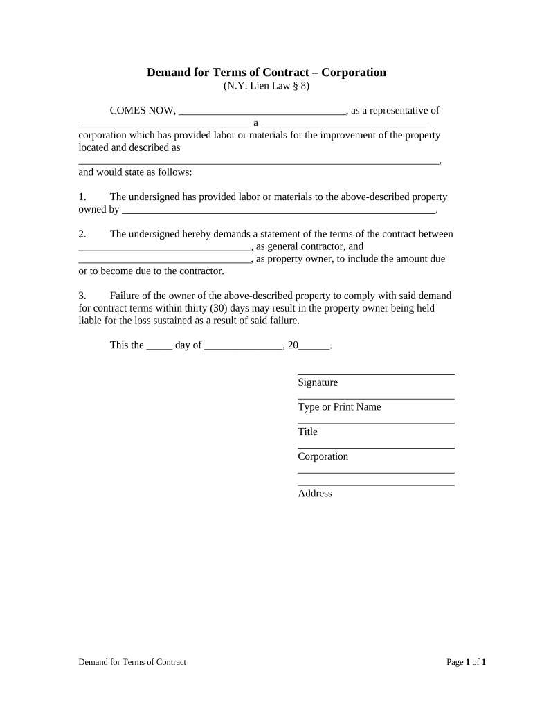 Demand for Terms of Contract by Corporation or LLC New York  Form
