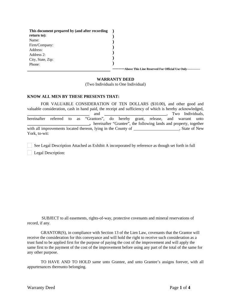 Warranty Deed Two Individuals to One Individual New York  Form