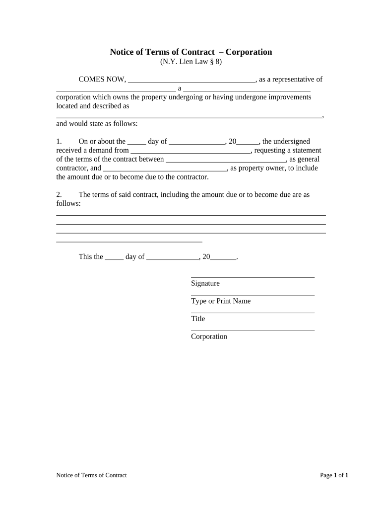 Notice of Terms of Contract by Corporation or LLC New York  Form