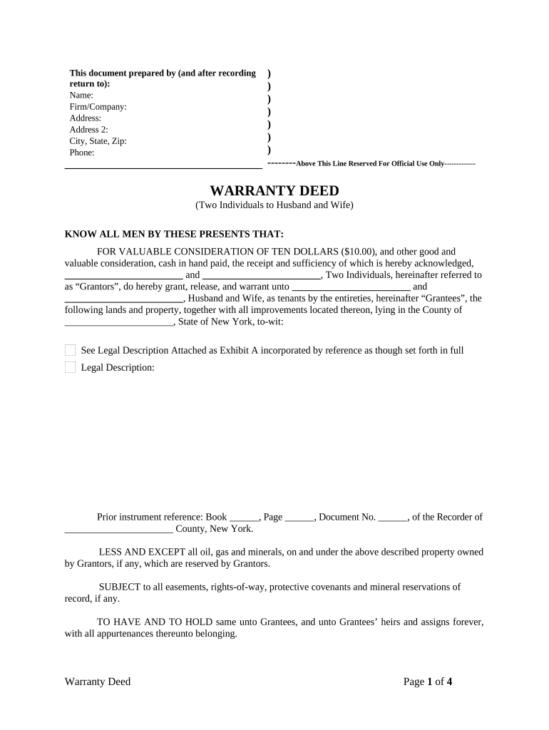 Warranty Deed from Two Individuals to Husband and Wife New York  Form