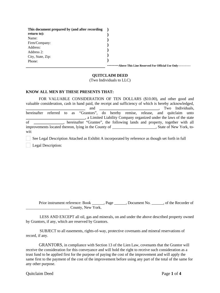 Quitclaim Deed by Two Individuals to LLC New York  Form