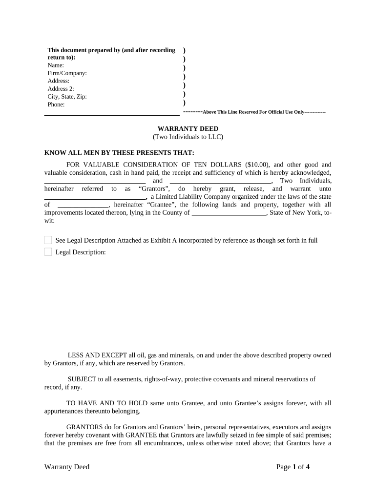 Warranty Deed from Two Individuals to LLC New York  Form