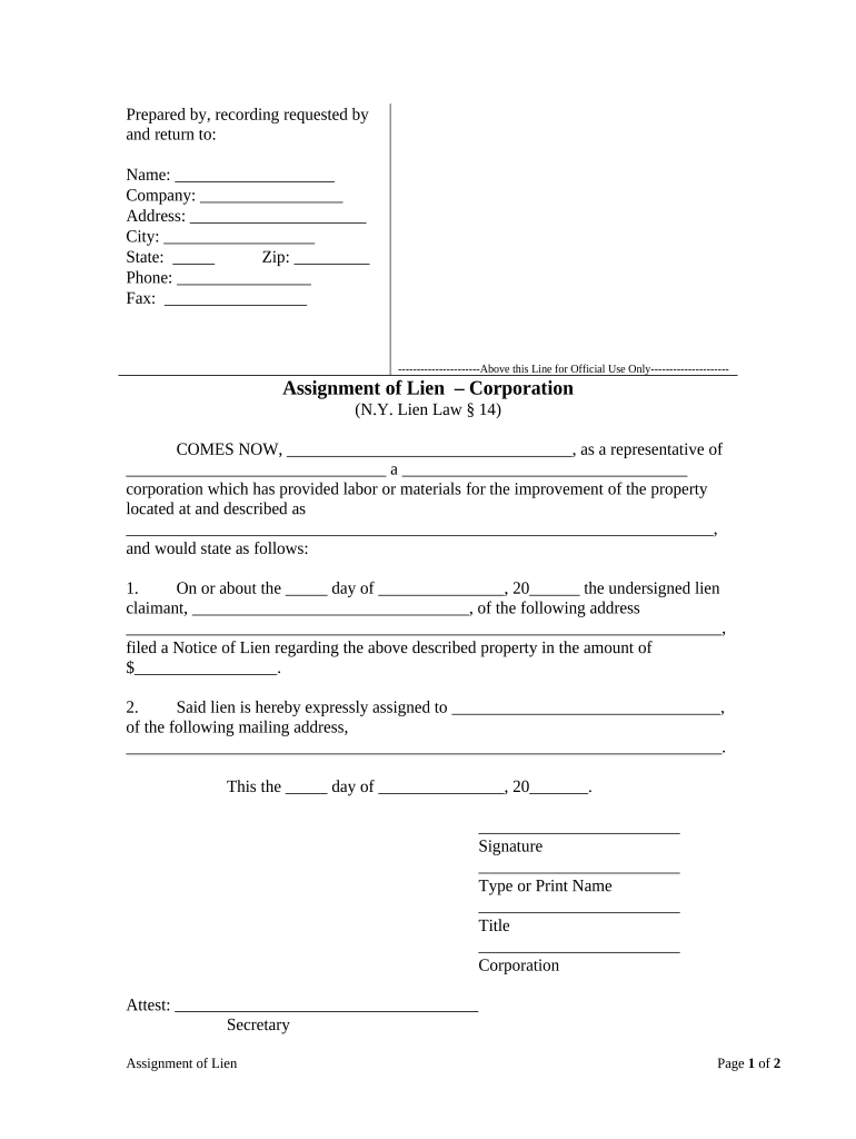 Assignment of Lien by Corporation or LLC New York  Form