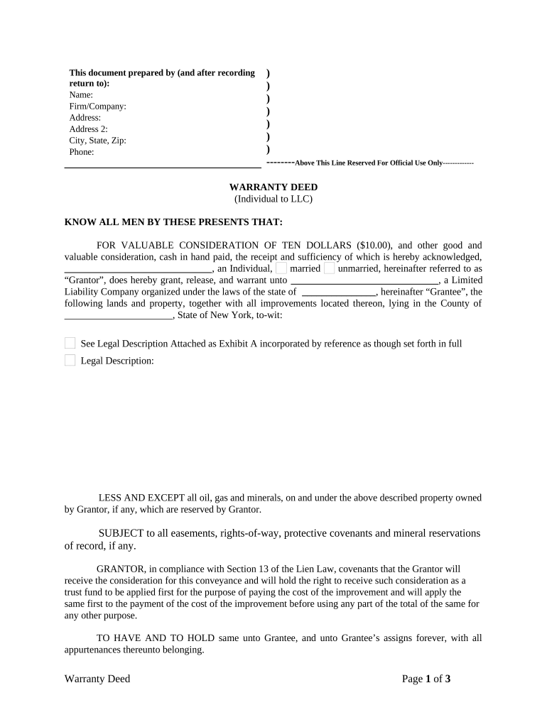 Warranty Deed from Individual to LLC New York  Form