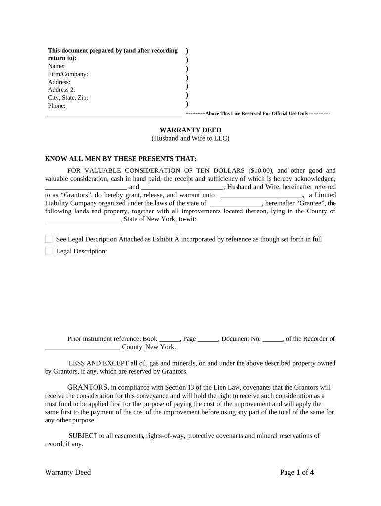 Warranty Deed from Husband and Wife to LLC New York  Form