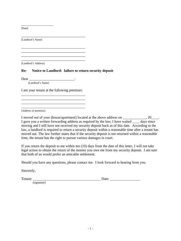 Letter from Tenant to Landlord Containing Notice of Failure to Return Security Deposit and Demand for Return New York  Form