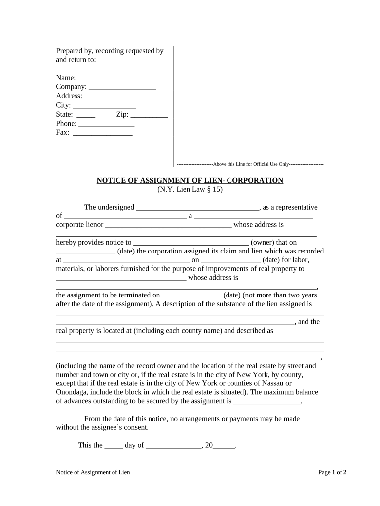 Notice of Assignment of Lien Corporation or LLC New York  Form