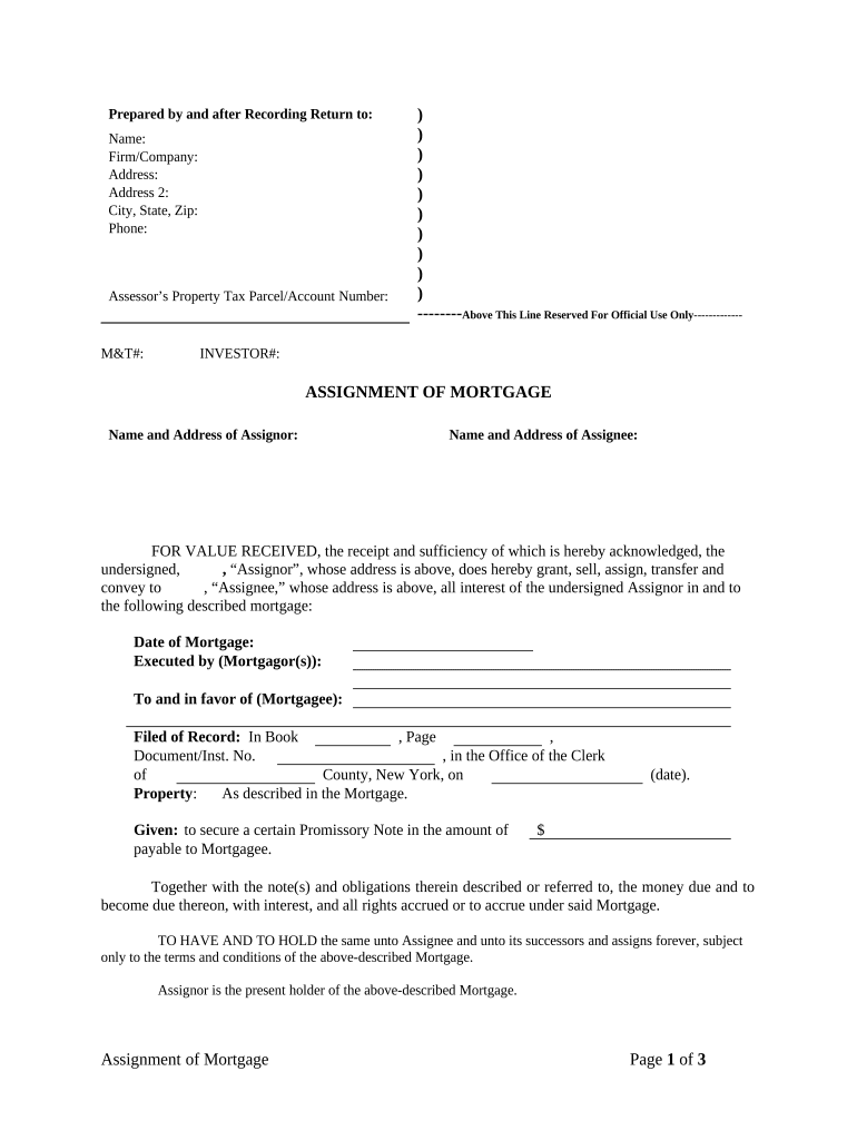 Assignment of Mortgage by Corporate Mortgage Holder New York  Form