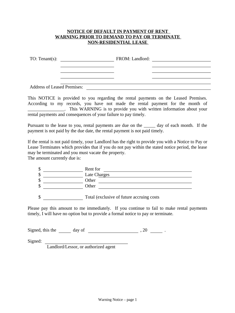 Notice of Default in Payment of Rent as Warning Prior to Demand to Pay or Terminate for Nonresidential or Commercial Property Ne  Form