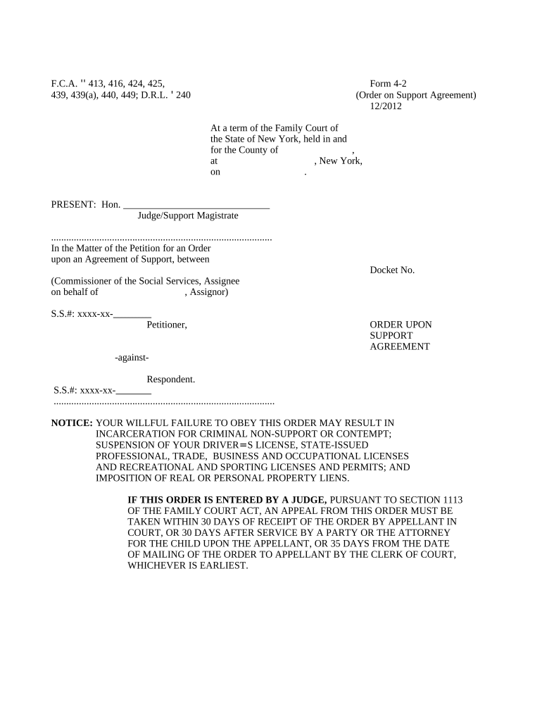 Order Upon Support Agreement New York  Form