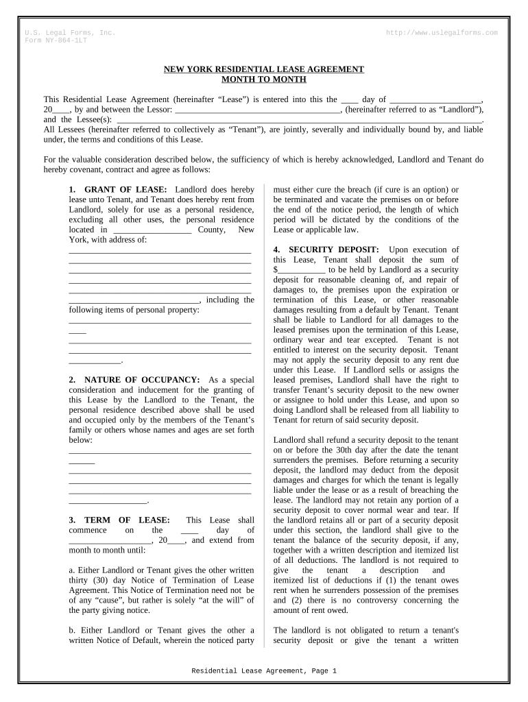 Residential Lease or Rental Agreement for Month to Month New York  Form