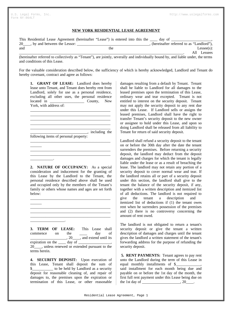 Residential Rental Lease Agreement New York  Form