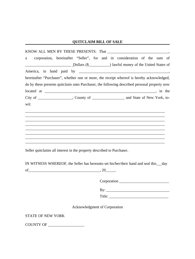 Bill of Sale Without Warranty by Corporate Seller New York Form