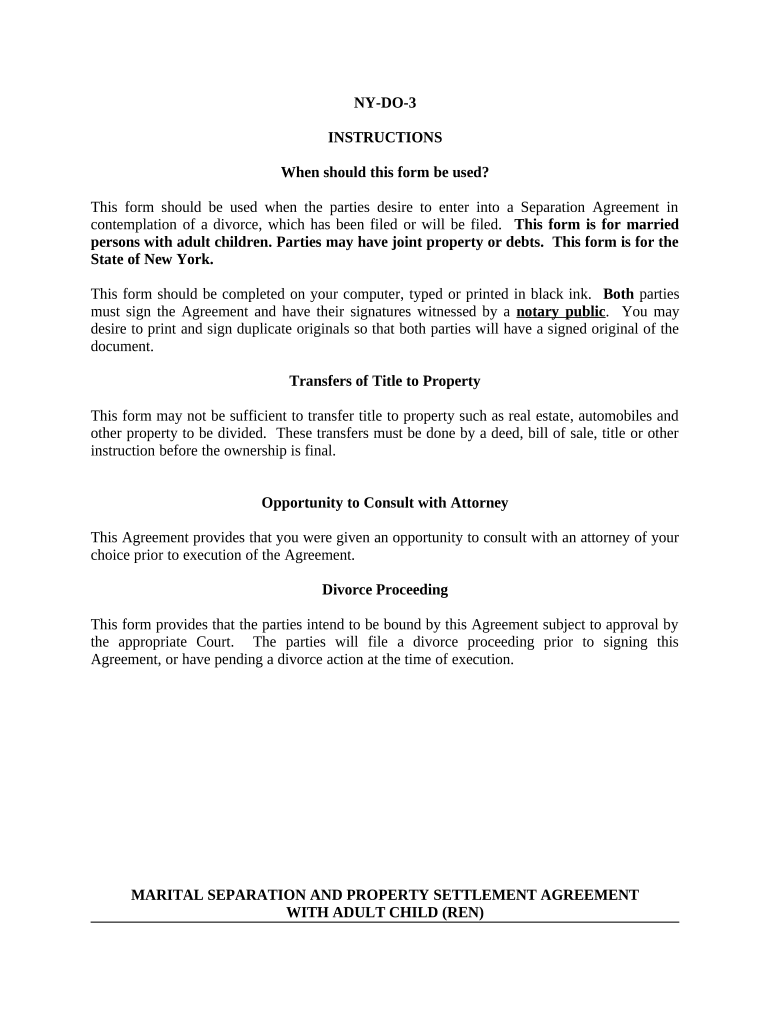 Marital Domestic Separation and Property Settlement Agreement Adult Children Parties May Have Joint Property or Debts Where Divo  Form