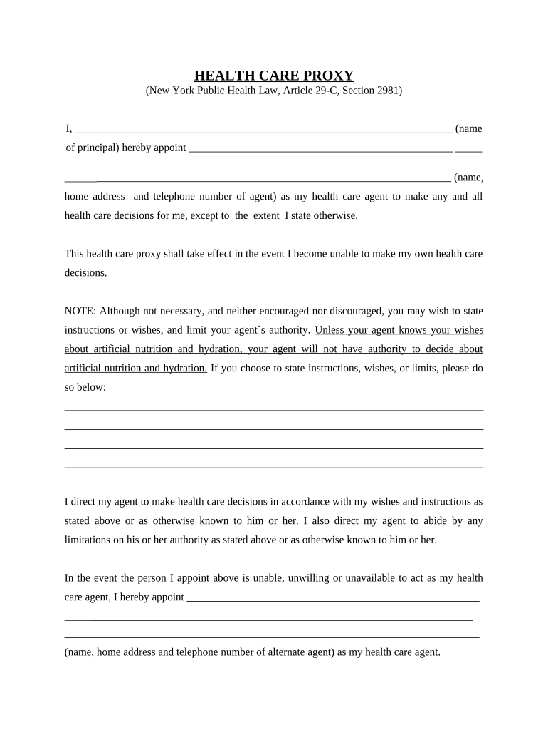 Health Care Proxy Health Care Decisions Statutory Form Including Living Will Provisions New York