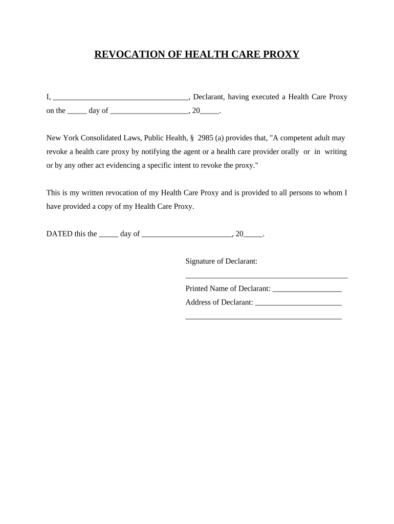 Revocation of Health Care Proxy New York  Form