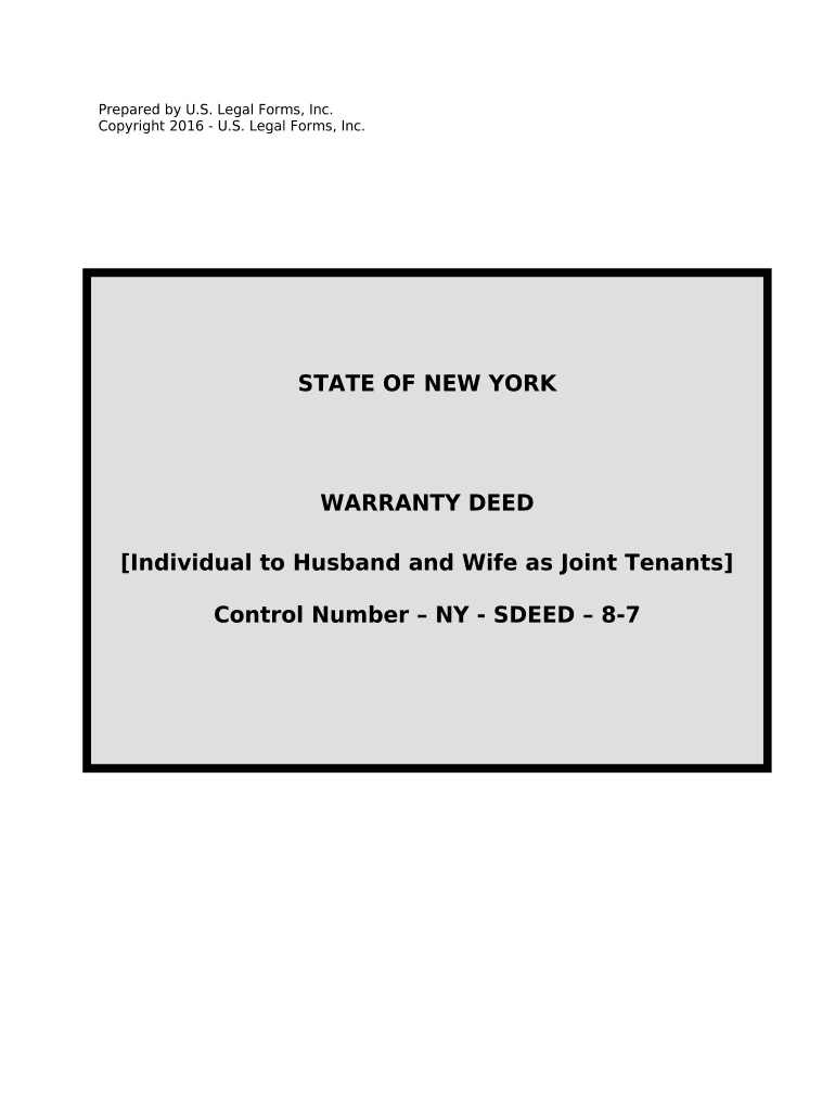 Warranty Deed from Individual to Husband and Wife as Joint Tenants New York  Form