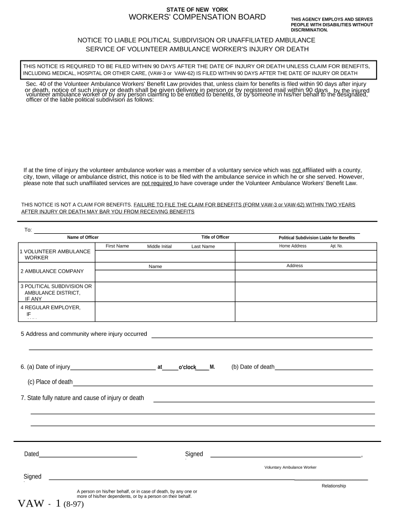 Notice of Volunteer Ambulance Worker's Injury or Death for Workers' Compensation New York  Form