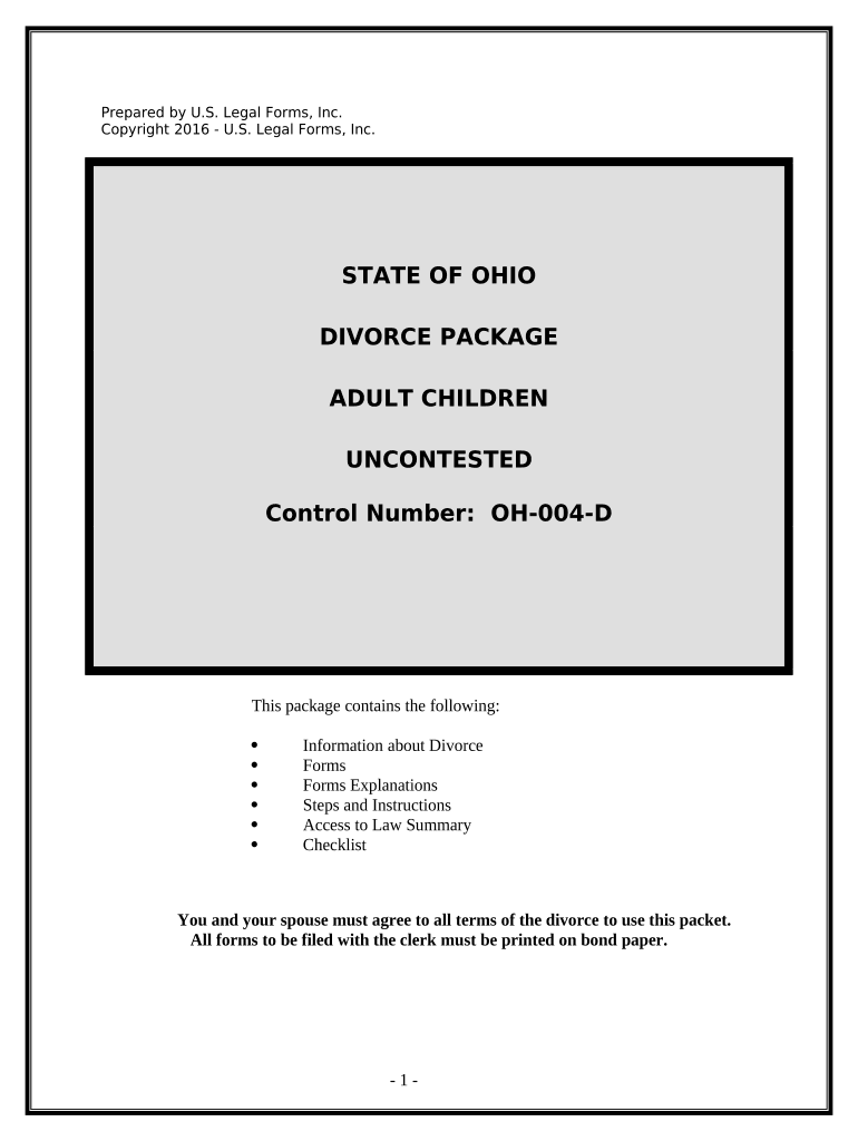 No Fault Uncontested Agreed Divorce Package for Dissolution of Marriage with Adult Children and with or Without Property and Deb  Form