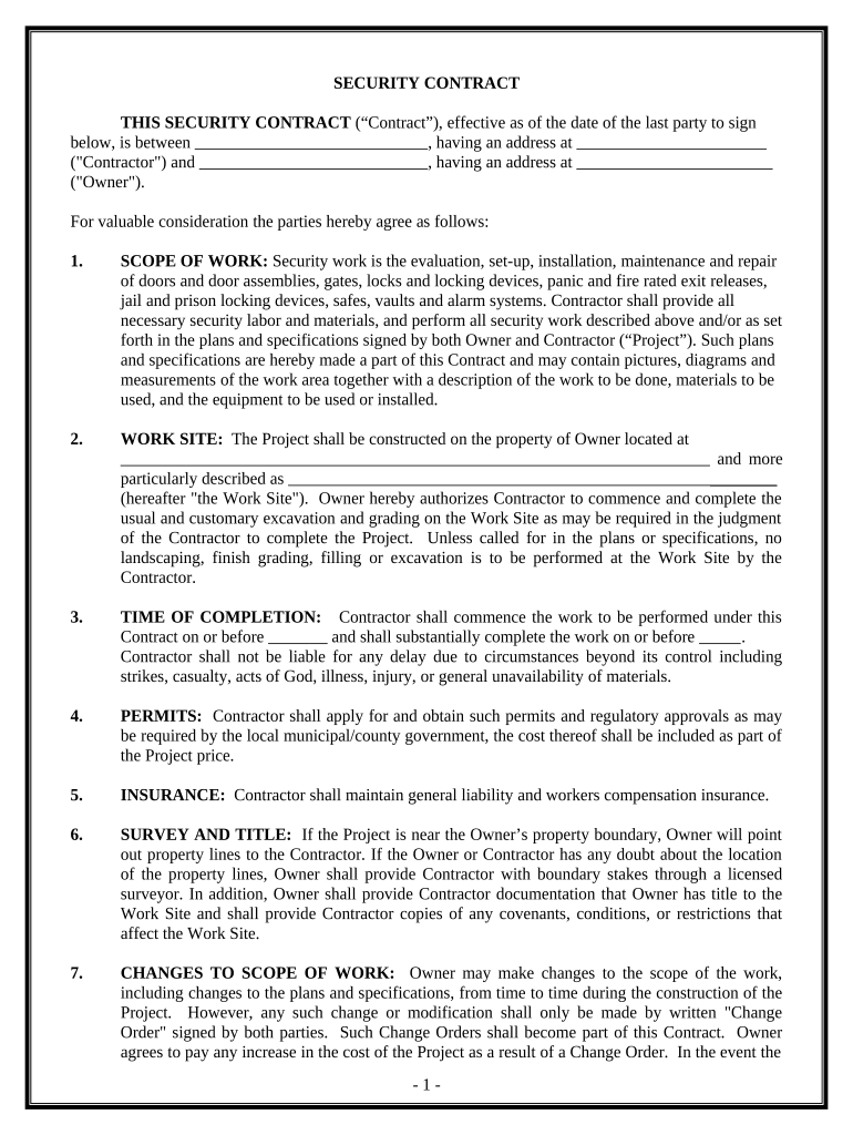Security Contract for Contractor Ohio Form