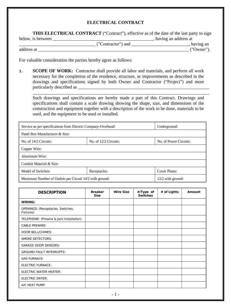 Electrical Contract for Contractor Ohio  Form