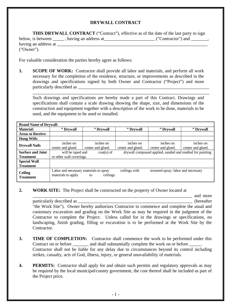 Sheetrock Drywall Contract for Contractor Ohio Form
