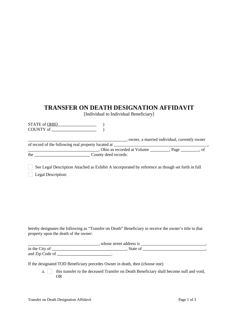Fill and Sign the Transfer on Death Designation Affidavit Tod from Individual to Individual with Contingent Beneficiary Ohio Form
