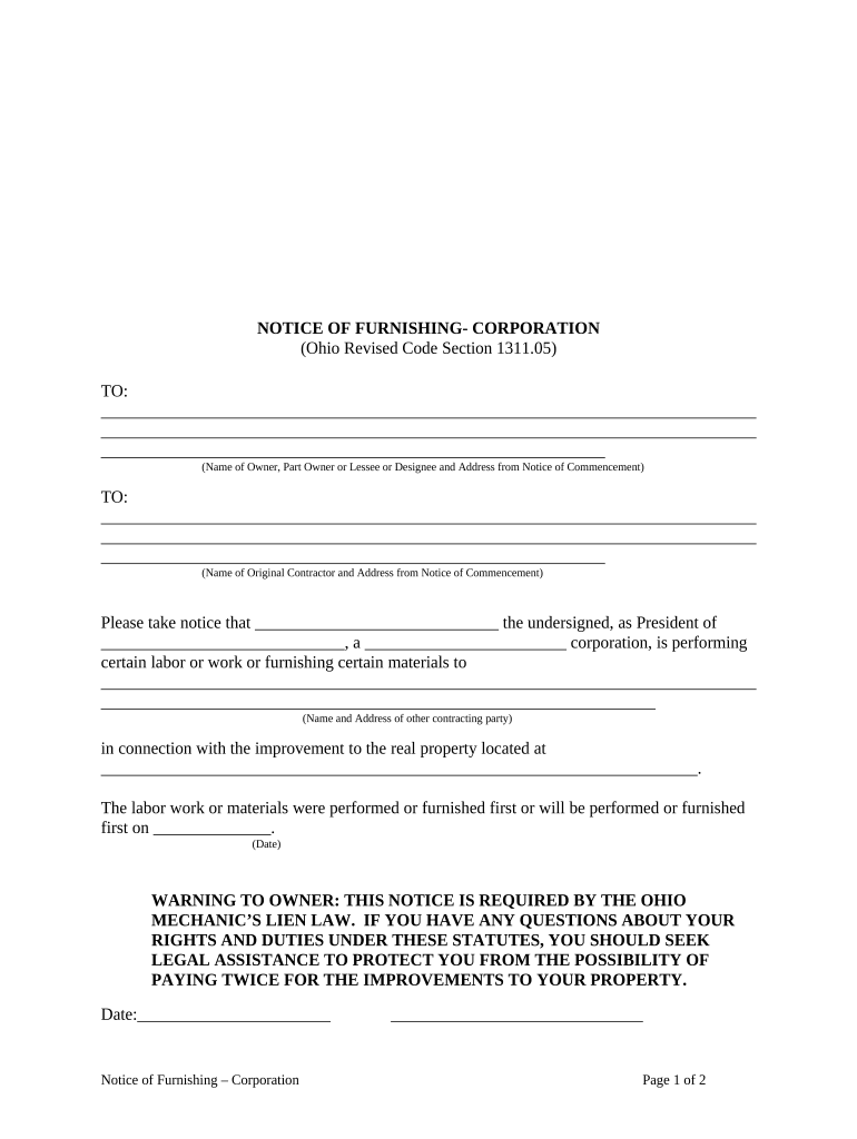 Notice of Furnishing Corporation or LLC Ohio  Form