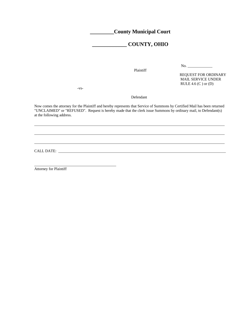 Request for Ordinary Mail Service Ohio  Form