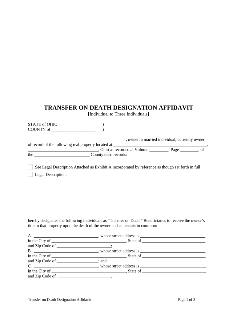 Transfer on Death Designation Affidavit TOD Individual Affiant to Three Individuals Beneficiaries Ohio  Form