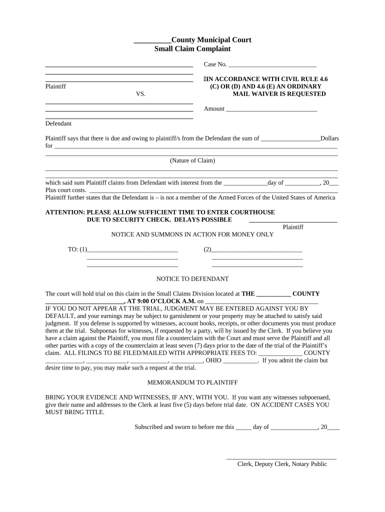 Small Claim Ohio  Form