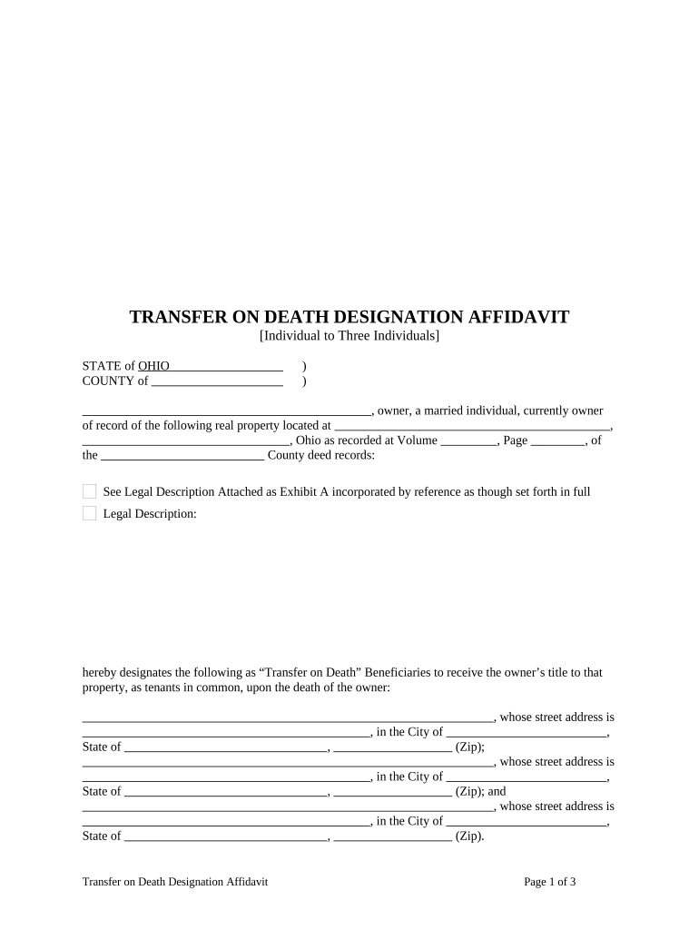 Transfer on Death Designation Affidavit TOD from Individual to Three Individuals Ohio  Form