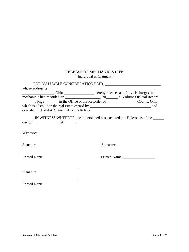 Mechanic's Lien Ohio  Form