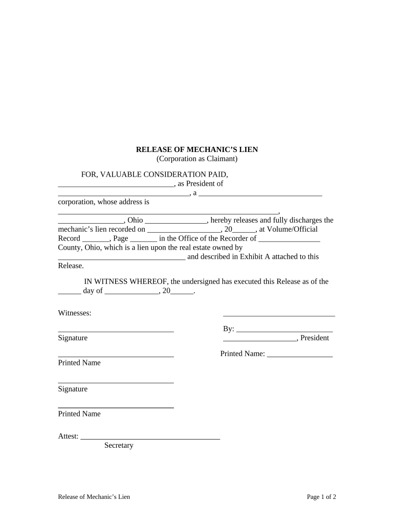 Release of Mechanic's Lien Corporation or LLC Ohio  Form