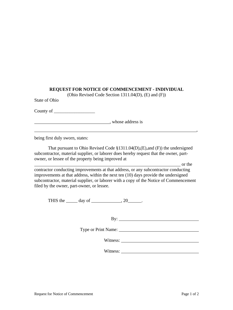 Request for Notice of Commencement Individual Ohio  Form