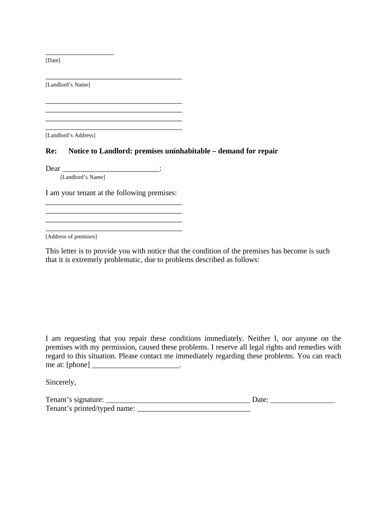 Letter from Tenant to Landlord Containing Notice that Premises in Uninhabitable in Violation of Law and Demand Immediate Repair Form
