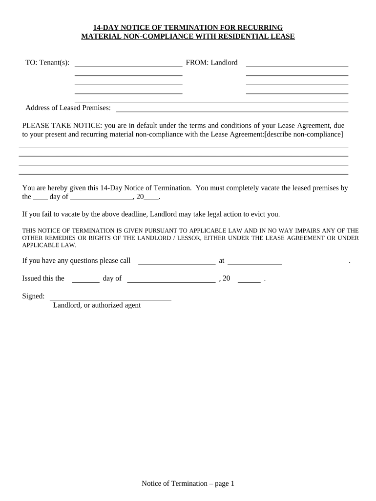 14 Day Notice Template  Form