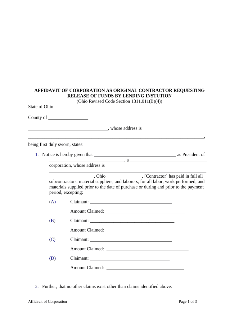 Request for Release of Funds Corporation or LLC Ohio  Form